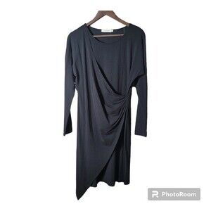 Mododoc Black Midi Dress Asymmetrical Twist Front Long sleeve Womens Size M